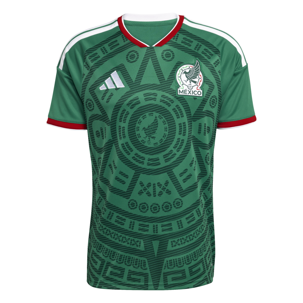 Mexico national team green jersey with crest and geometric pattern, Adidas logo visible