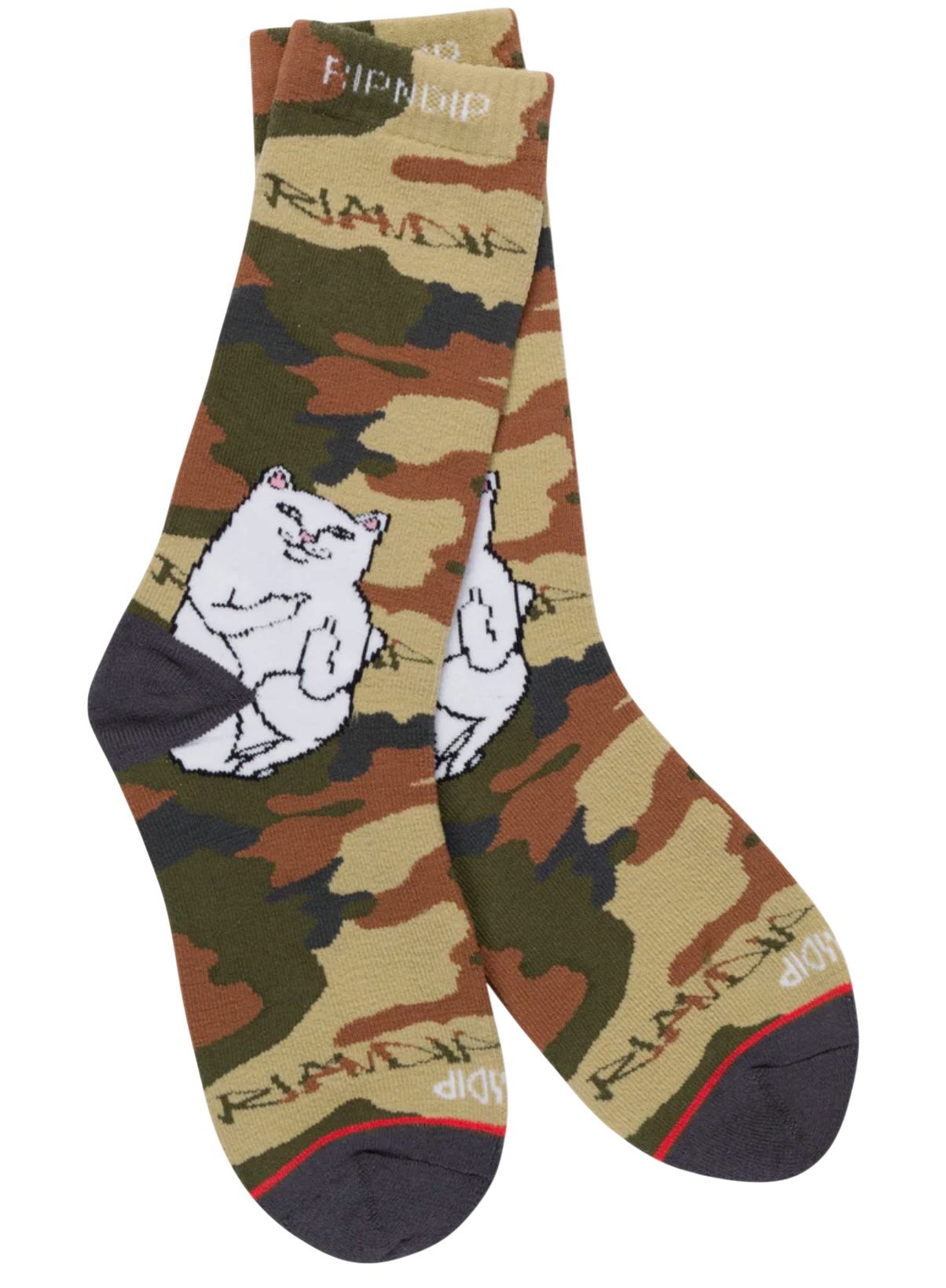 Camouflage-pattern socks with a white cartoon cat graphic near the ankle and dark toe caps.