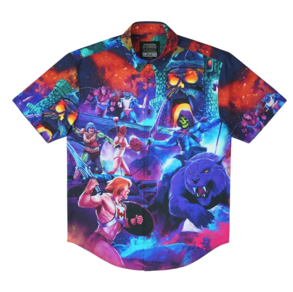 Bright psychedelic Hawaiian shirt featuring a fantasy battle scene with warriors, a glowing castle, and a purple wolf in neon hues.