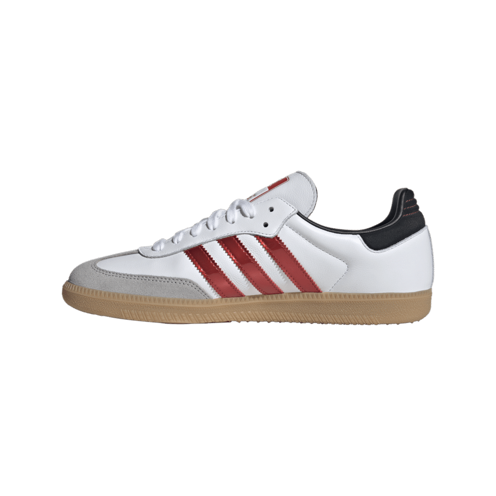 White sneaker with red stripes along the side, gray toe cap, and gum-colored sole (product photo).