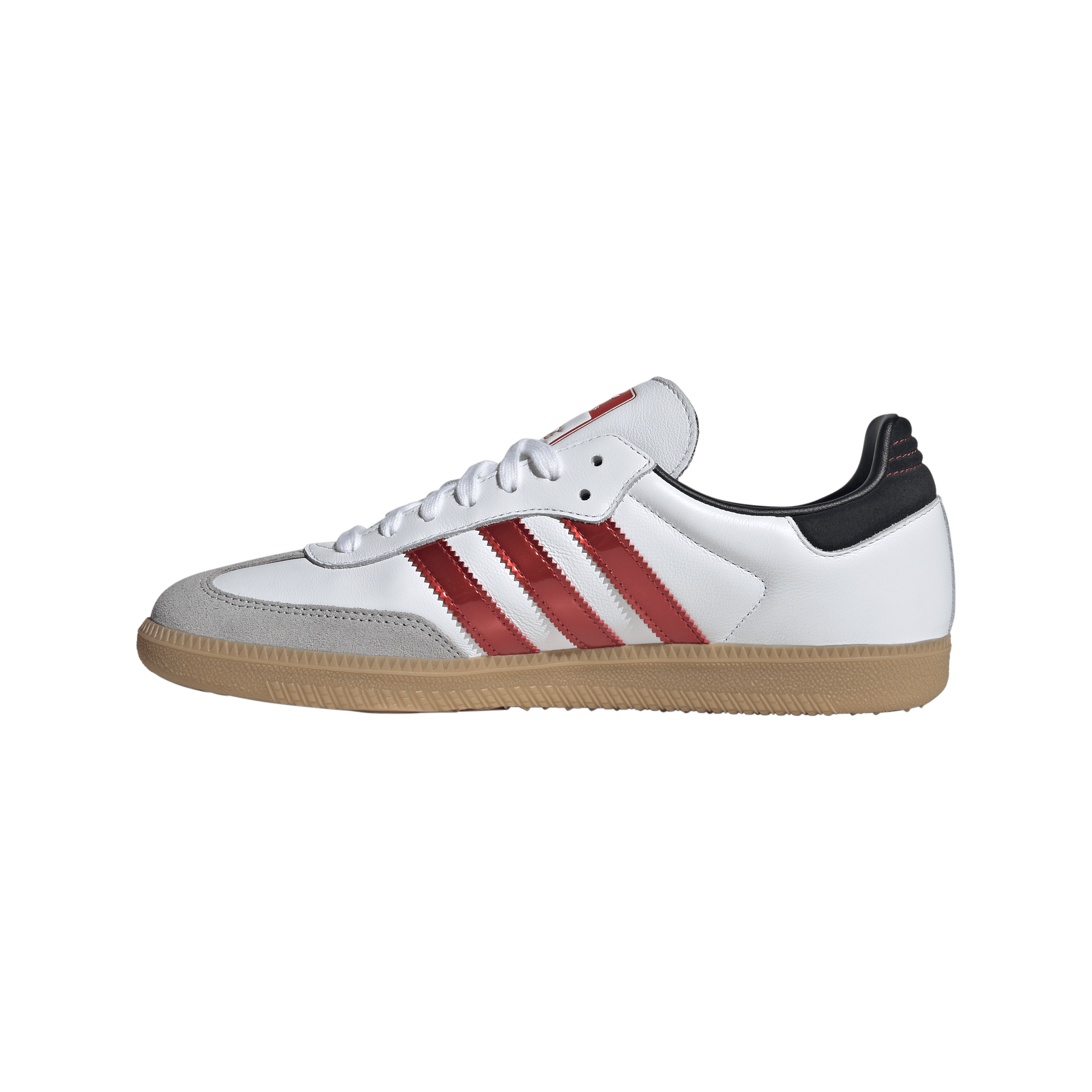 White sneaker with red stripes along the side, gray toe cap, and gum-colored sole (product photo).