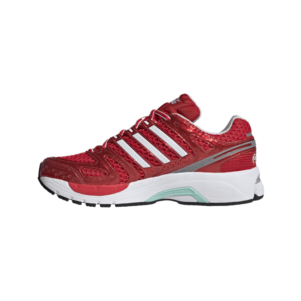 Red athletic sneaker with white stripes and mesh upper, shown from a side angle against a black background.