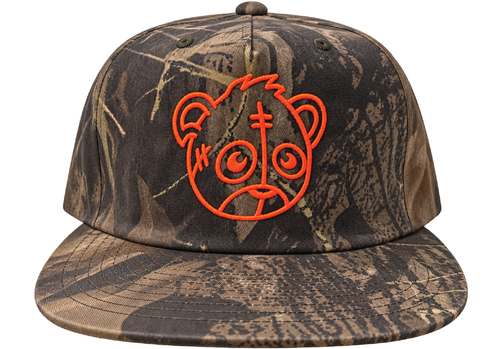 Camouflage baseball cap with bright orange embroidered cartoon monkey face on the front panel.