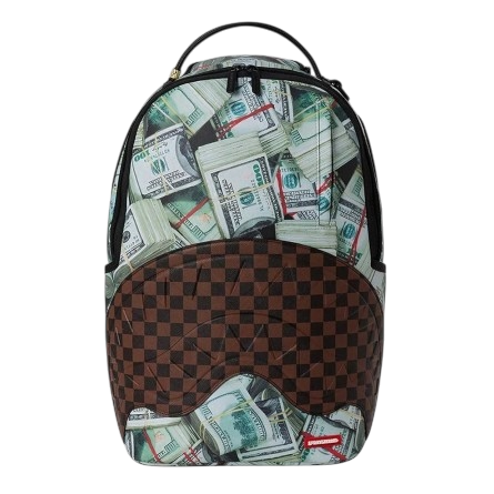 Backpack with a dollar-bill money print and a brown checkerboard front pocket.